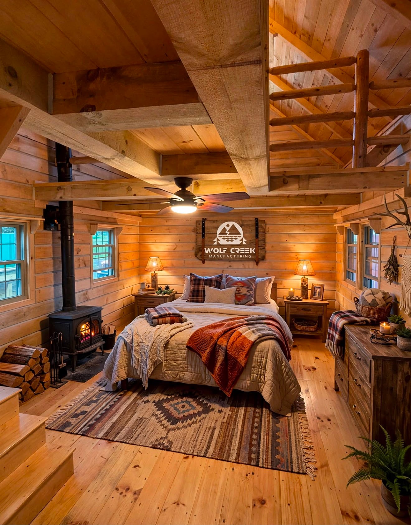 Log cabin bedroom with warm wood walls