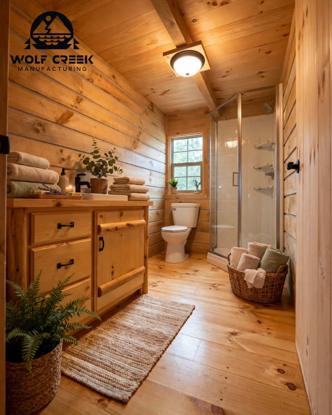 Rustic log cabin bathroom with wood and tile