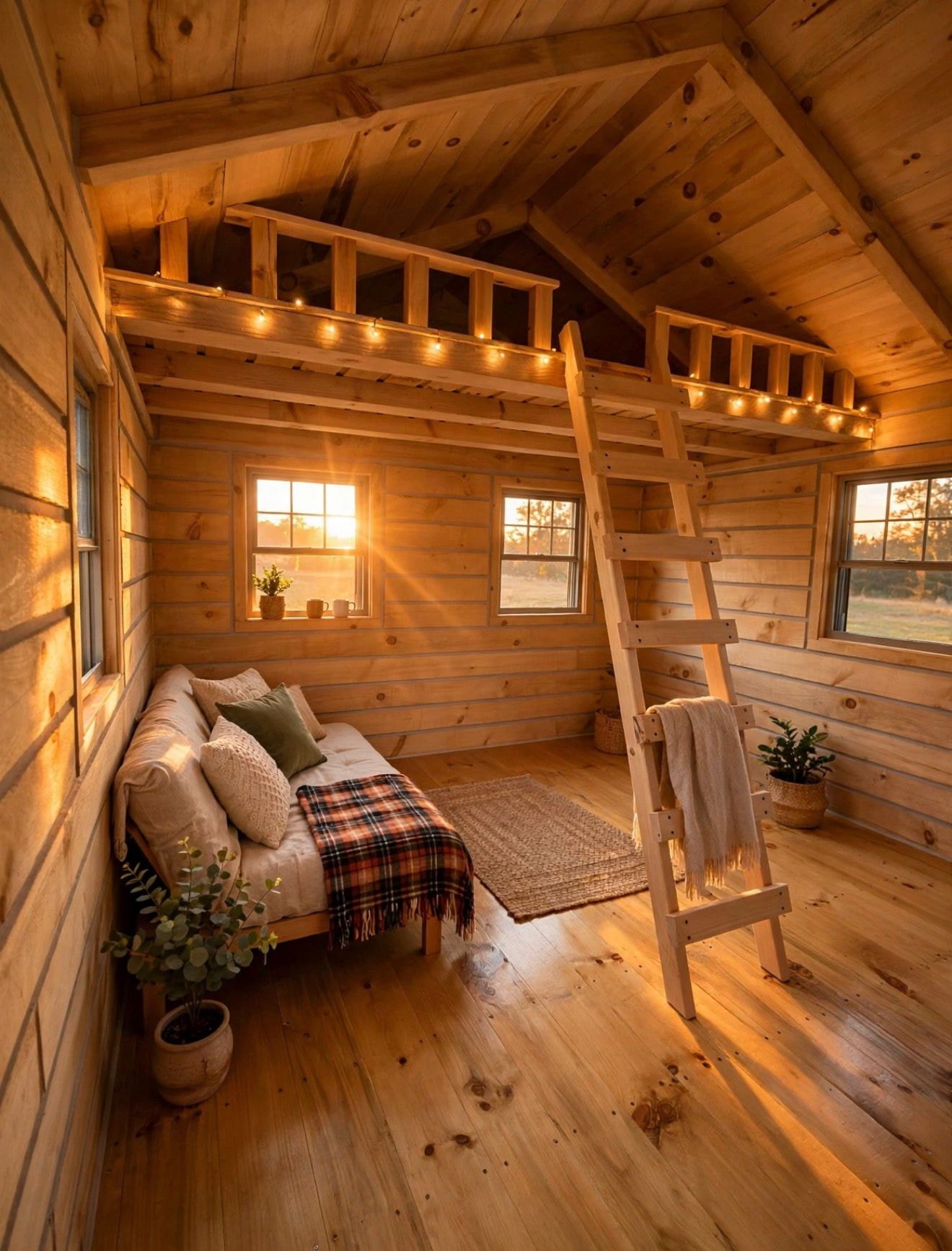 Cozy log cabin living room with stone fireplace and wood accents